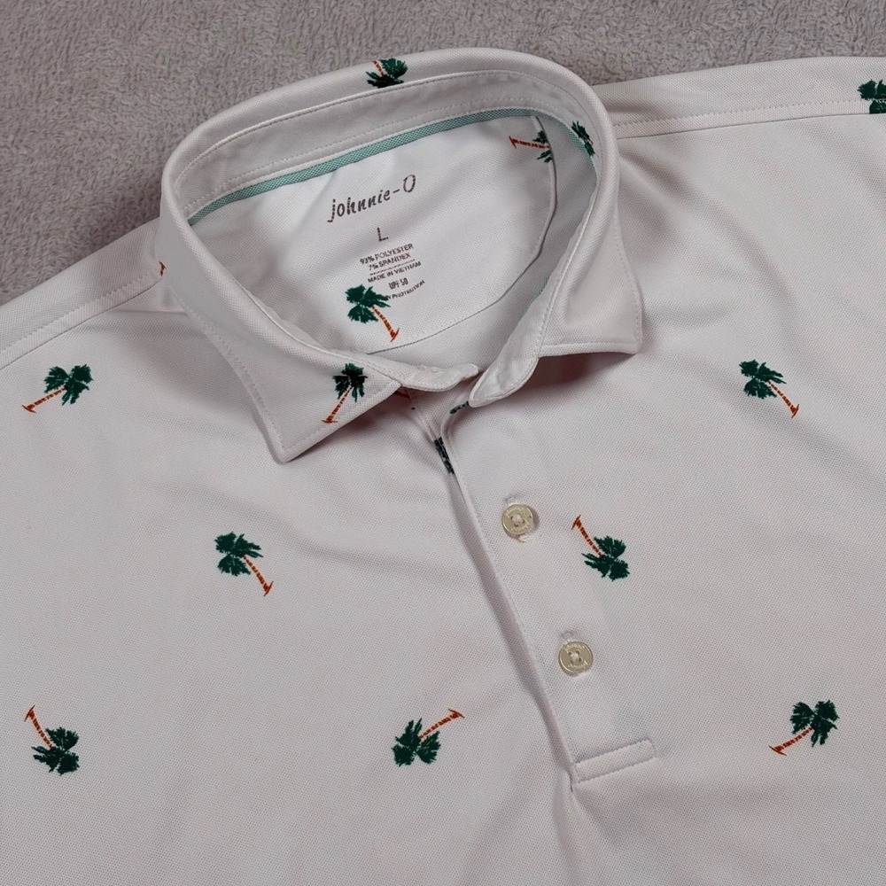 Johnnie-O Mens Large White Palm Tree Print Performance Golf Polo Shirt UPF 50